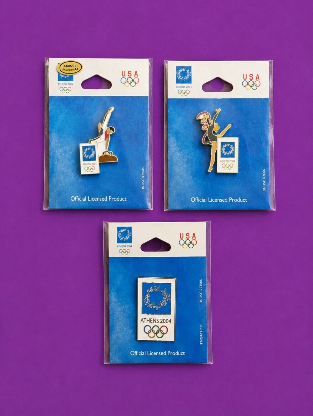 AMINCO 2004 Athens Olympics Female and Male Gymnasts Collector Hat Lapel Pins
